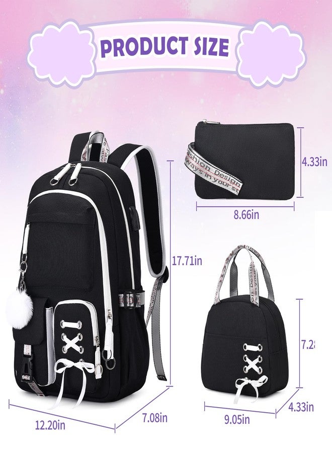 ACESAK Backpacks for Girls, Girls Backpack with Lunch Box and Pencil Case for Teen Kids Elementary Middle High School College Student, Children School Backpack Bookbag with USB Charging Port (Black) - Image 2